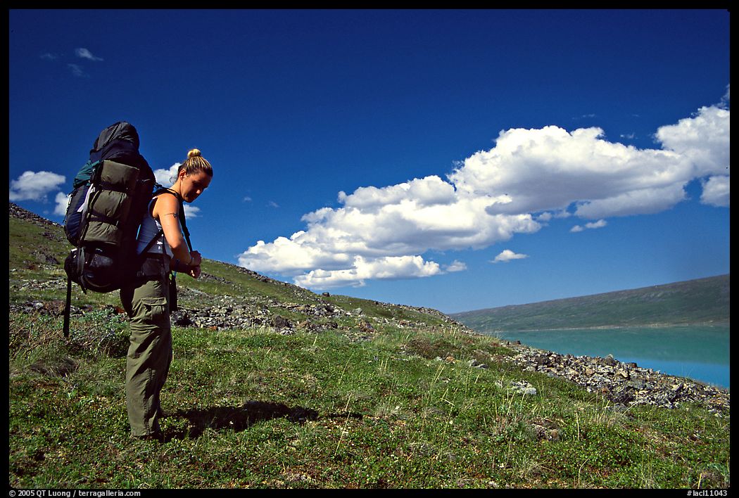 Backpacker looking at Turquoise Lake. Lake Clark National Park, Alaska
