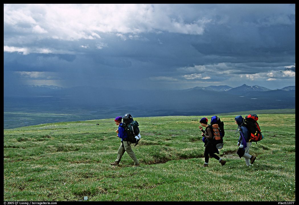 Three backpackers walk on a ridge in the tundra. Lake Clark National Park, Alaska