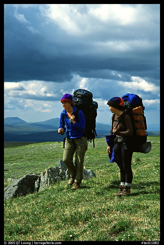 Two women backpackers pausing in the tundra with alpine flowers in the background. Lake Clark National Park, Alaska