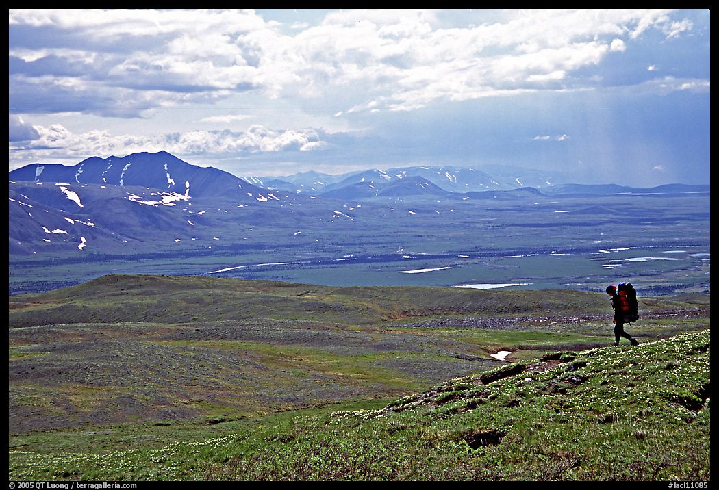 Backpacker on a ridge above vast expenses of tundra. Lake Clark National Park, Alaska
