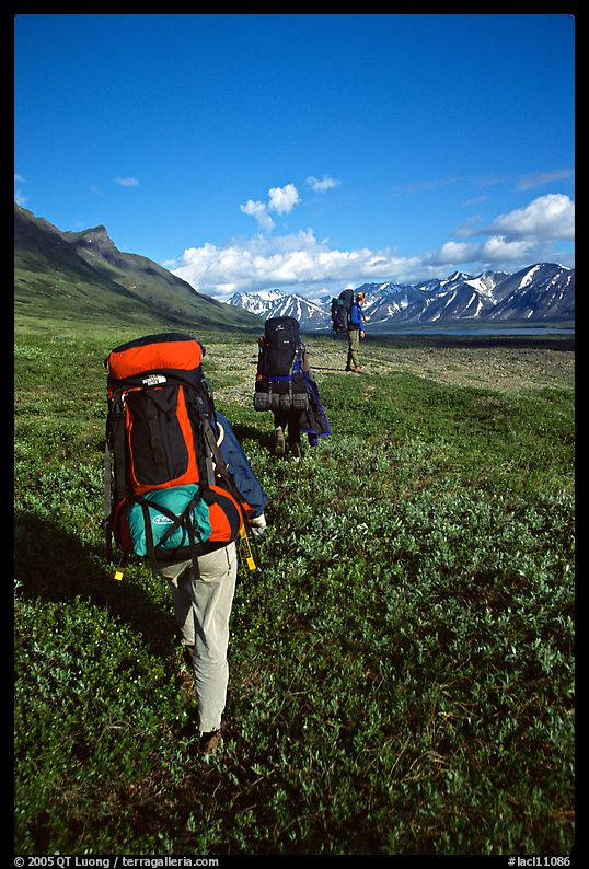 Backpackers with heavy packs. Lake Clark National Park, Alaska