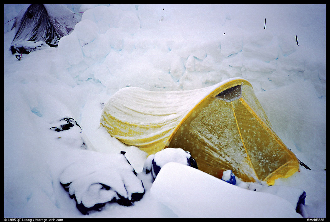 More fresh snow on the tent down at 14300. Denali, Alaska
