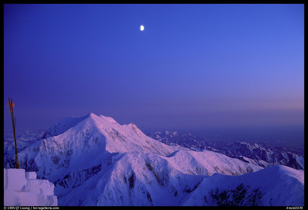 Midnight sunset over Mt Foraker from the West Rib. Denali, Alaska