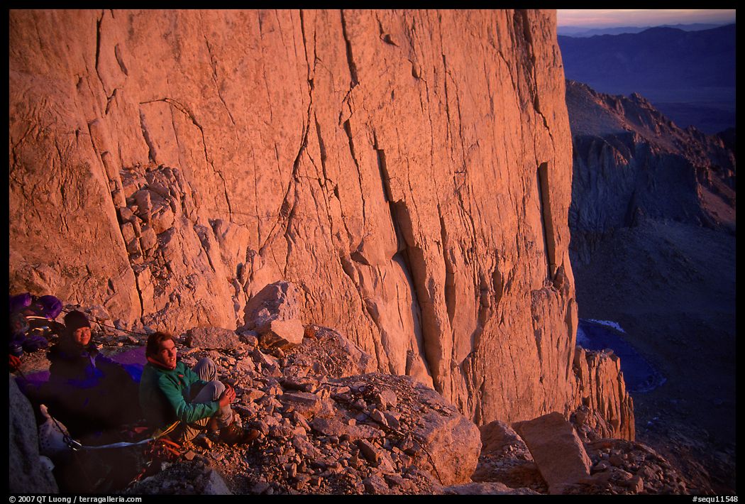 Climbers on a bivy ledge in the East face of Mt Whitney. Sequoia National Park, California