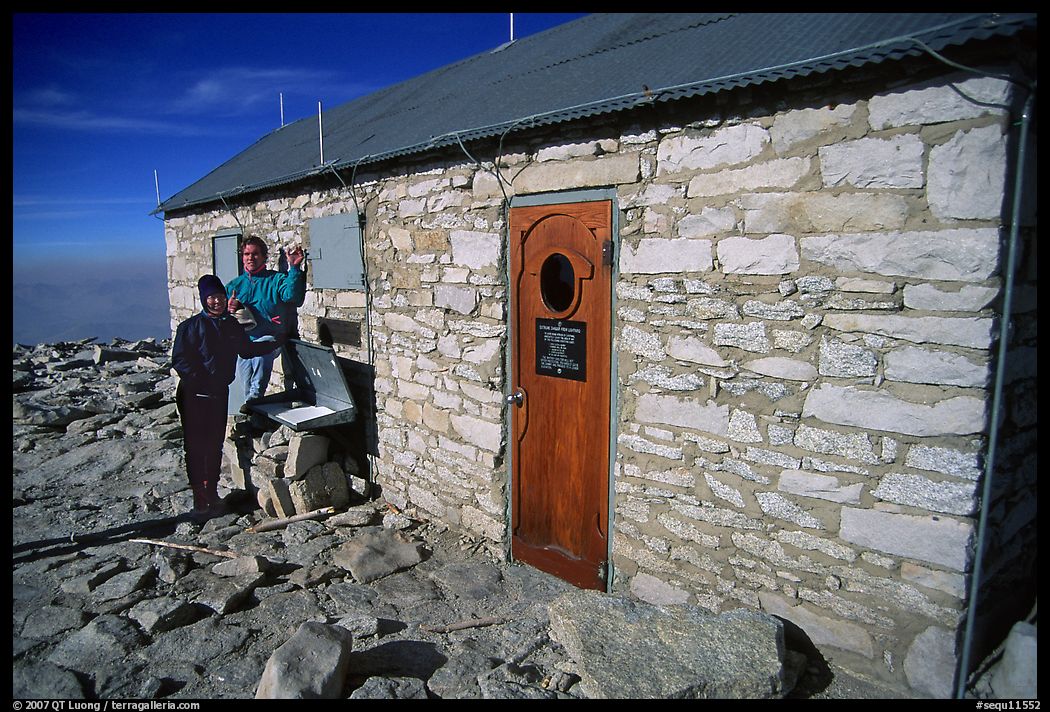 Hikers and Mt Whitney summit shelter. Sequoia National Park, California