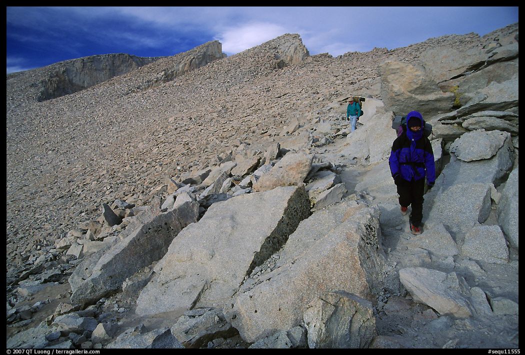 Hiking down Mt Whitney in cold conditions. Sequoia National Park, California