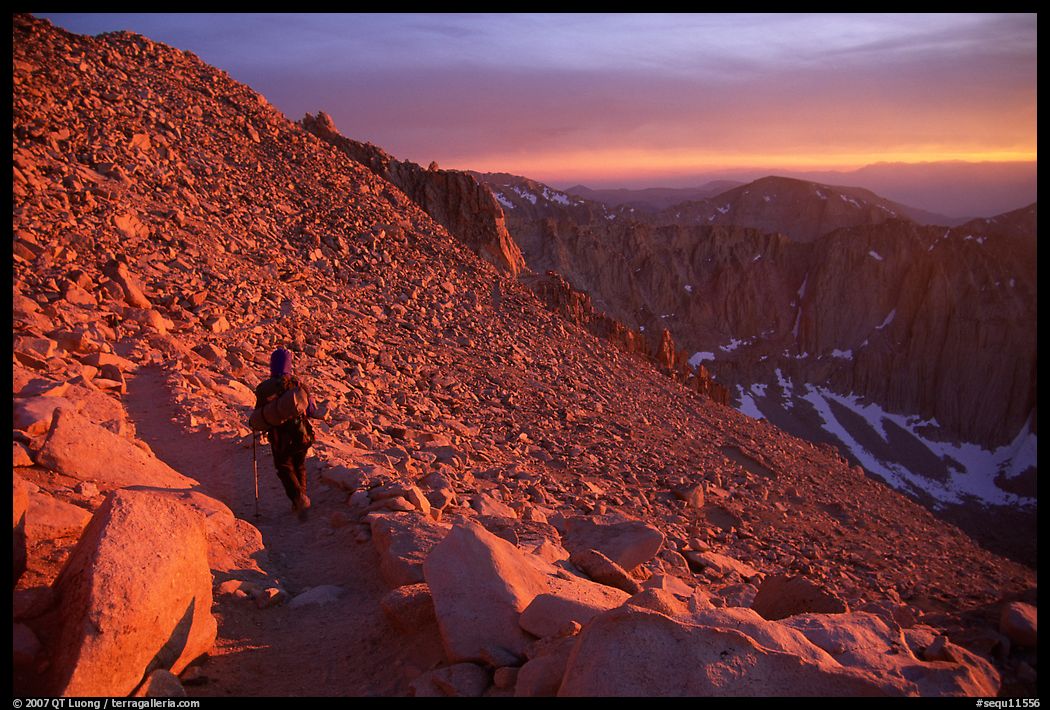 Hiking down Mt Whitney at sunset. Sequoia National Park, California