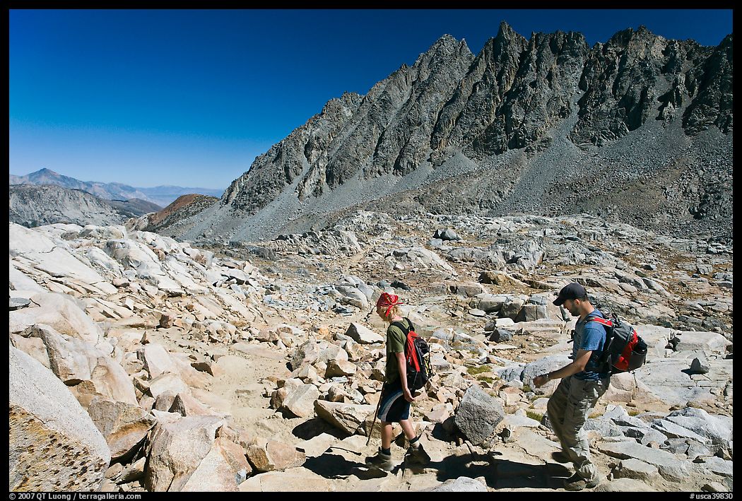 Hikers at Bishop Pass, John Muir Wilderness. Kings Canyon National Park, California