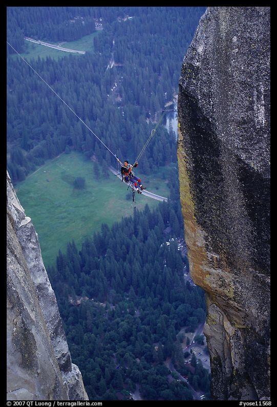 [photo by Bryce Nesbitt] Tyrolean traverse from Lost Arrow Spire. Yosemite National Park, California