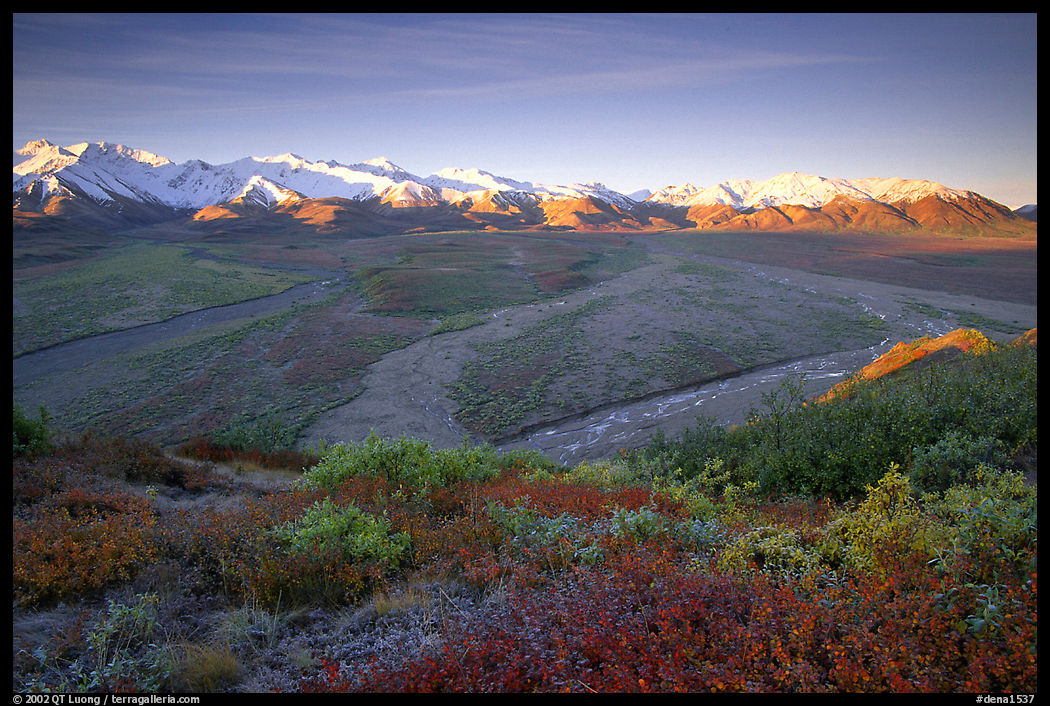 Tundra, braided rivers, Alaska Range at sunrise from Polychrome Pass. Denali  National Park, Alaska, USA.