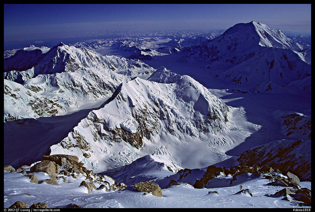 Kahilna peaks and Mt Foraker seen from 16000ft on Mt Mc Kinley. Denali  National Park, Alaska, USA.