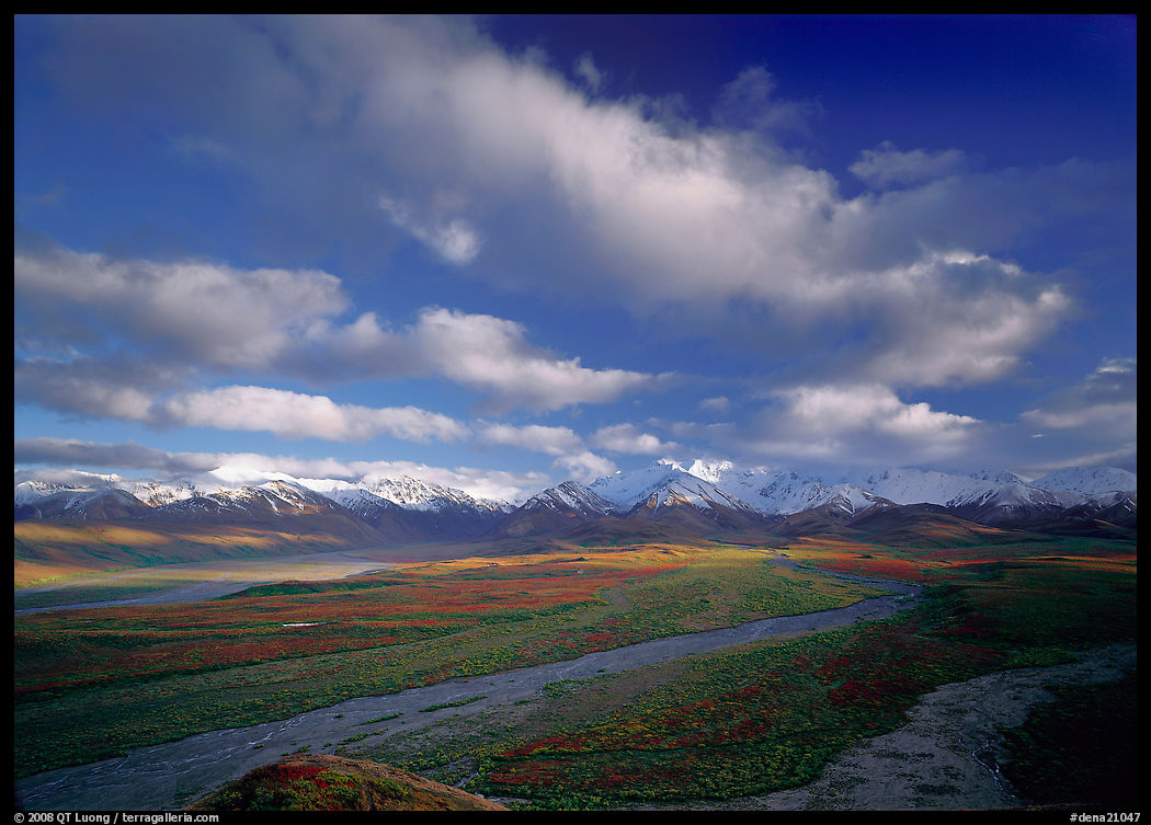 Wide braided rivers, Alaska Range, and clouds, late afternoon. Denali  National Park, Alaska, USA.
