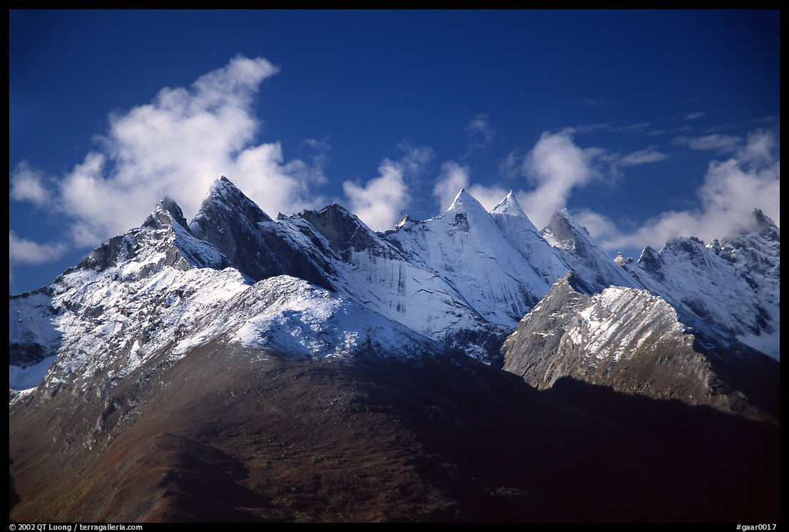Aerial view of snowy Arrigetch peaks. Gates of the Arctic National Park, Alaska, USA.
