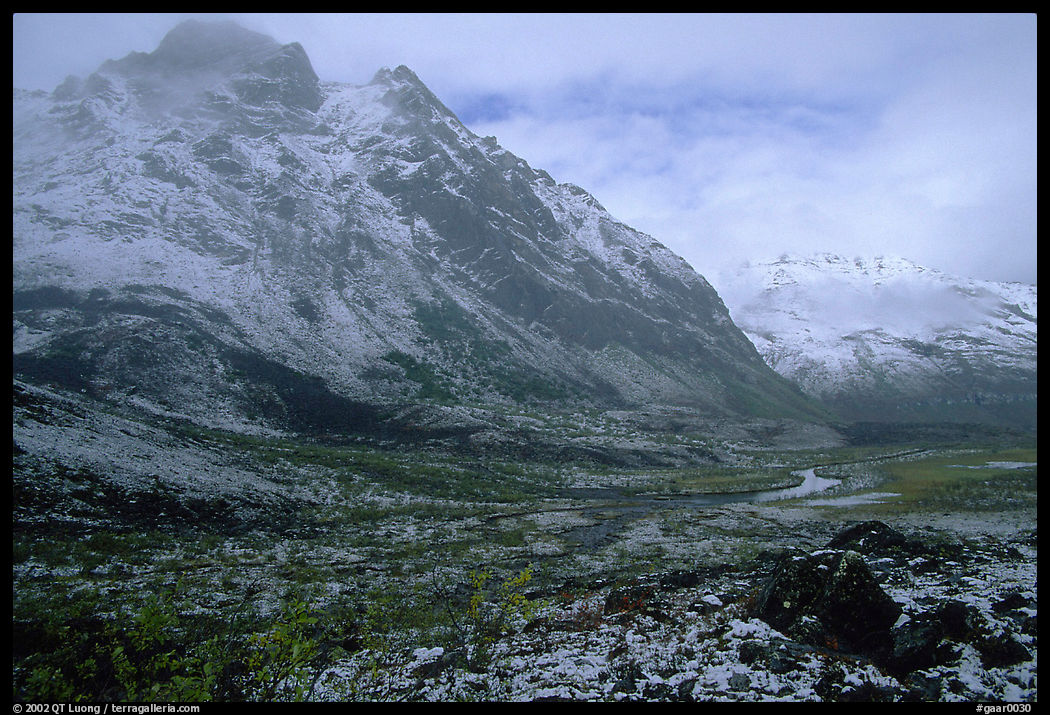 Fresh snow near Arrigetch Peaks. Gates of the Arctic National Park, Alaska, USA.