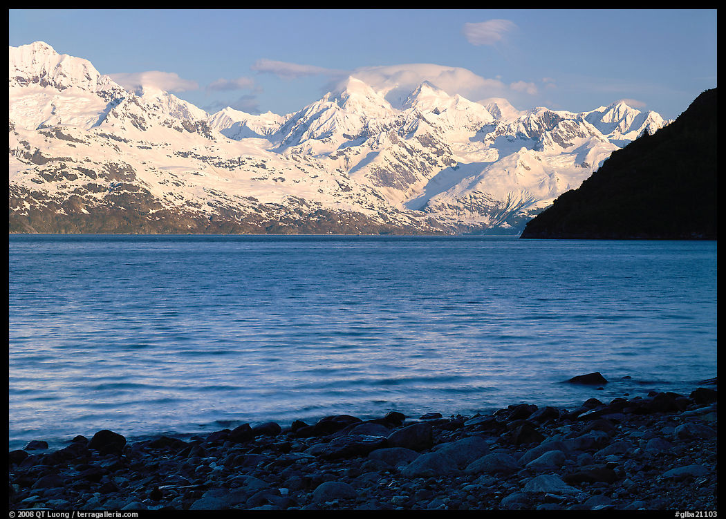 Snowy mountains of Fairweather range and West Arm, morning. Glacier Bay National Park, Alaska, USA.