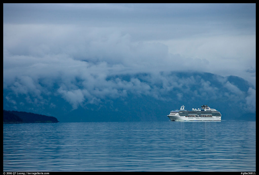 Cruise vessel in blue seascape. Glacier Bay National Park, Alaska, USA.