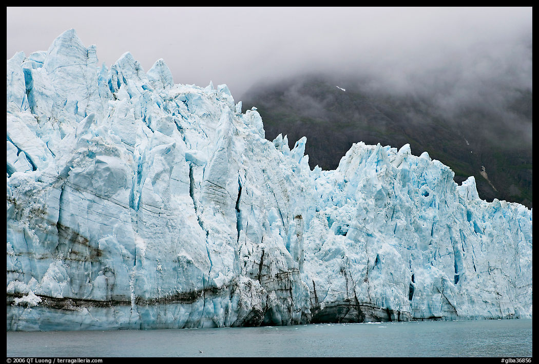 Front of Margerie Glacier in foggy weather. Glacier Bay National Park, Alaska, USA.