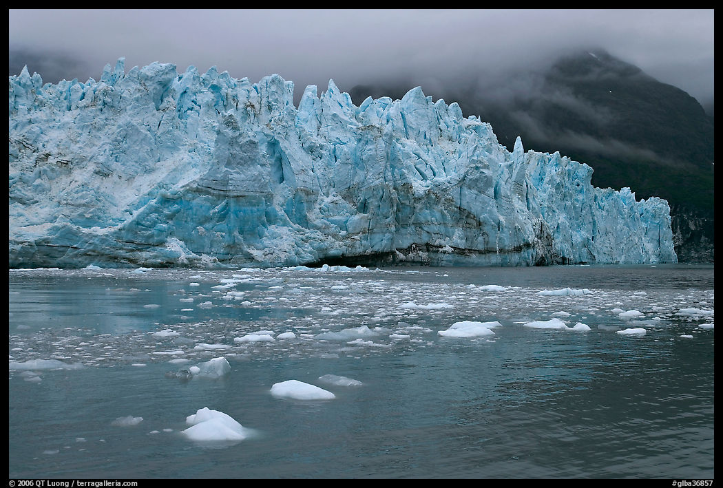 Icebergs and blue ice face of Margerie Glacier. Glacier Bay National Park, Alaska, USA.