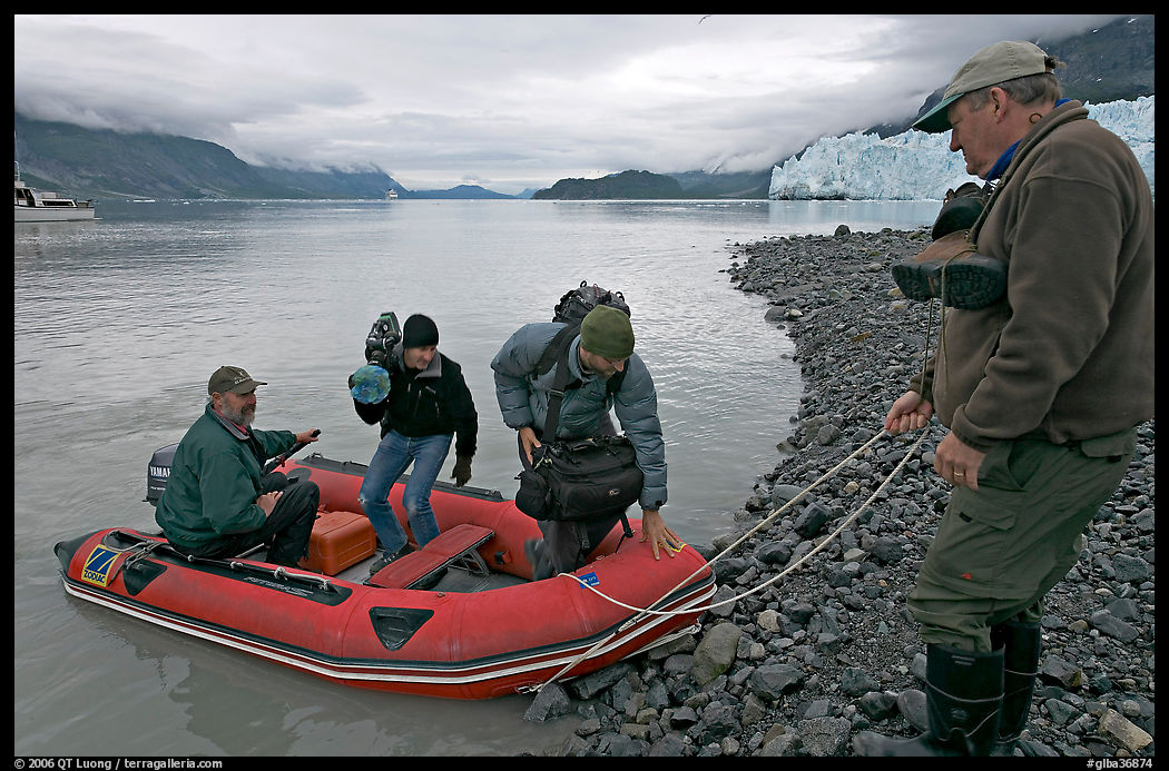 Film crew lands near Margerie Glacier. Glacier Bay National Park, Alaska, USA.
