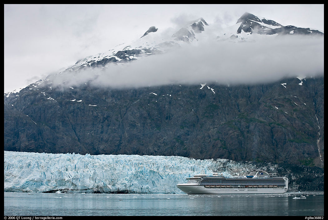 Cruise ship, Margerie Glacier, and Mt Forde. Glacier Bay National Park, Alaska, USA.