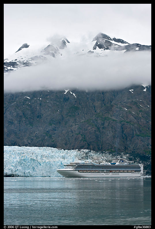 Cruise ship and Margerie Glacier at the base of Mt Forde. Glacier Bay National Park, Alaska, USA.