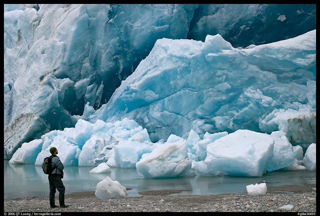 Hiker looking at ice wall at the front of Reid Glacier. Glacier Bay National Park, Alaska, USA.