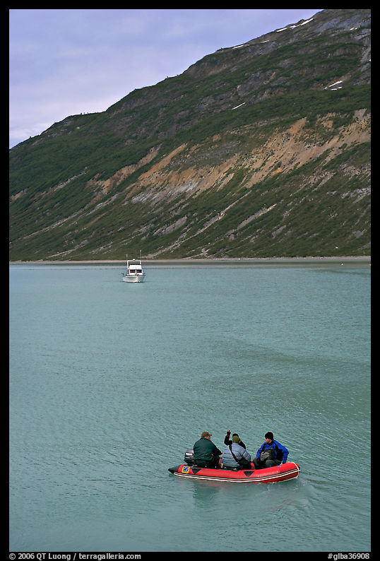 Skiff and tour boat in Reid Inlet. Glacier Bay National Park, Alaska, USA.
