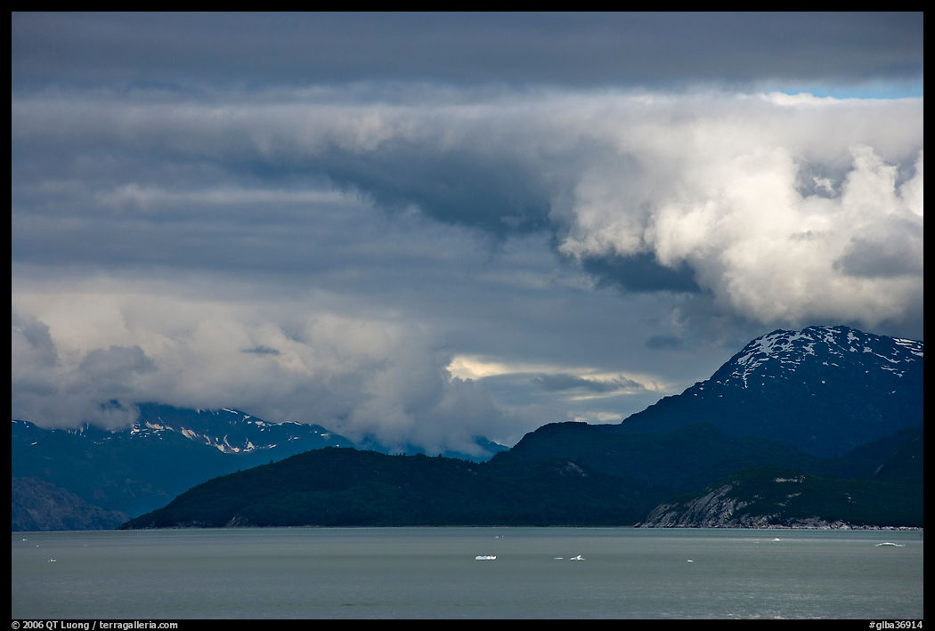 Storm clouds over the bay, West Arm. Glacier Bay National Park, Alaska, USA.