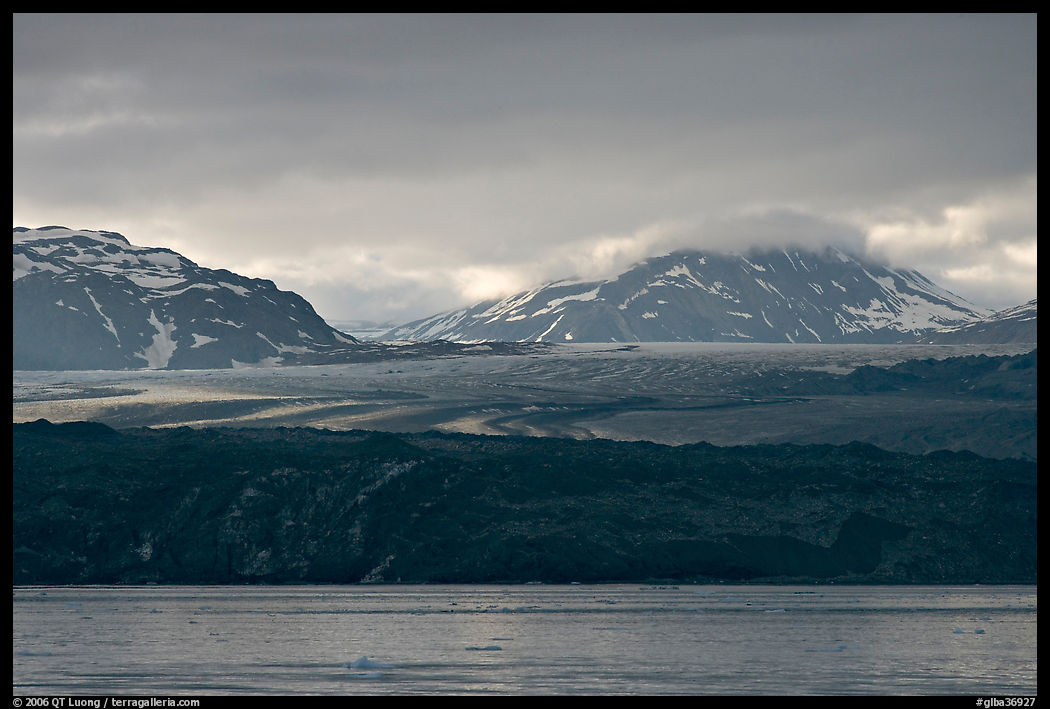 Grand Pacific Glacier glowing the the late afternoon light. Glacier Bay National Park, Alaska, USA.