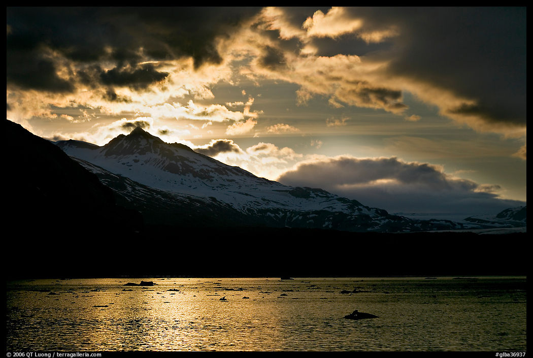 Mount Eliza and Tarr Inlet under clouds at sunset. Glacier Bay National Park, Alaska, USA.
