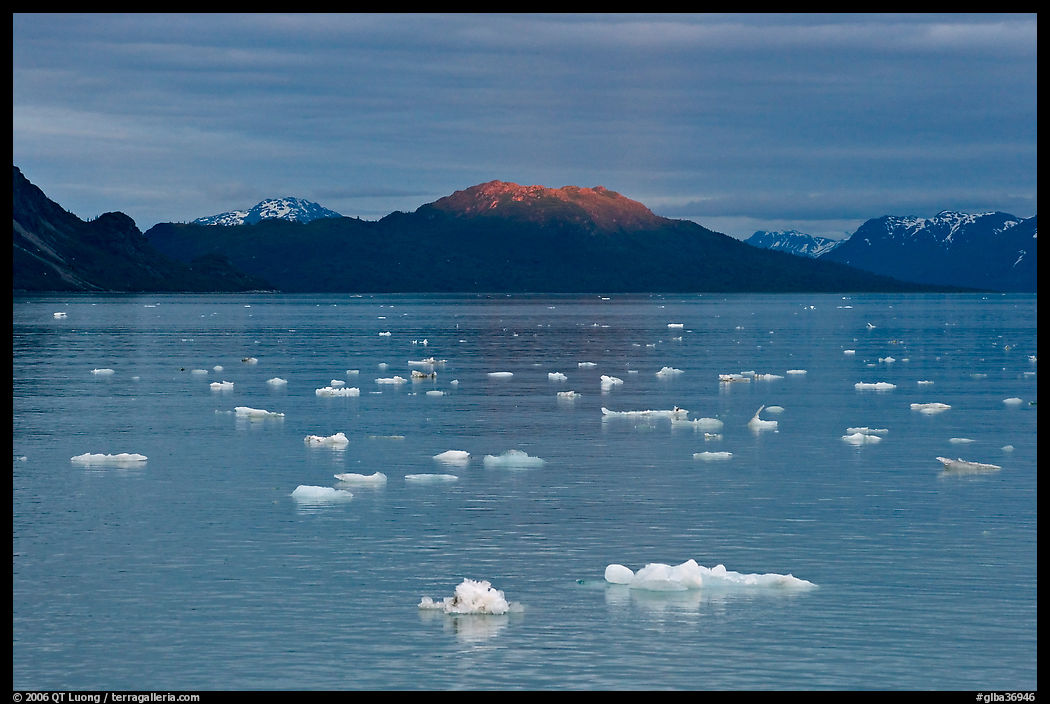 Icebergs and last light on mountain, Tarr Inlet, sunset. Glacier Bay National Park, Alaska, USA.