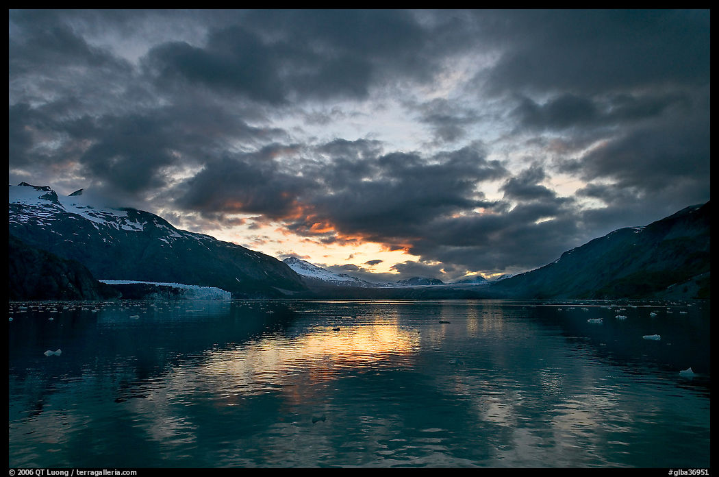 Mount Forde, Margerie Glacier, Mount Eliza, Grand Pacific Glacier, and Tarr Inlet, cloudy sunset. Glacier Bay National Park, Alaska, USA.