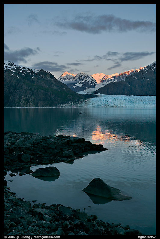 Mount Fairweather and Margerie Glacier seen across the Tarr Inlet. Glacier Bay National Park, Alaska, USA.