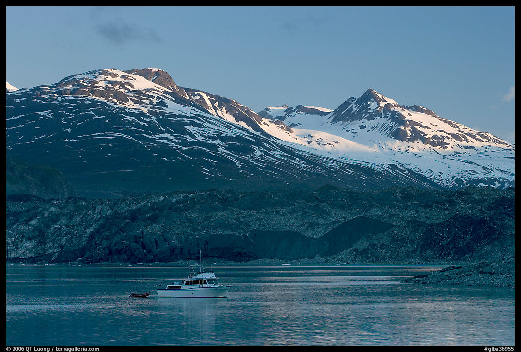Small boat in Tarr Inlet, early morning. Glacier Bay National Park
