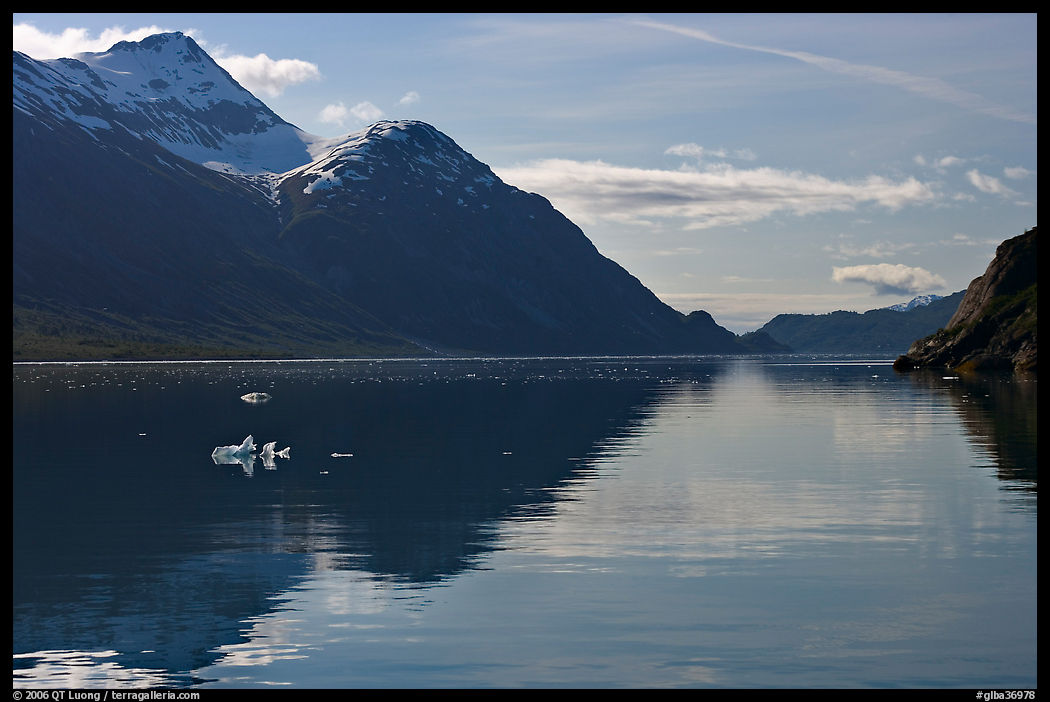 View looking out Tarr Inlet in the morning. Glacier Bay National Park, Alaska, USA.