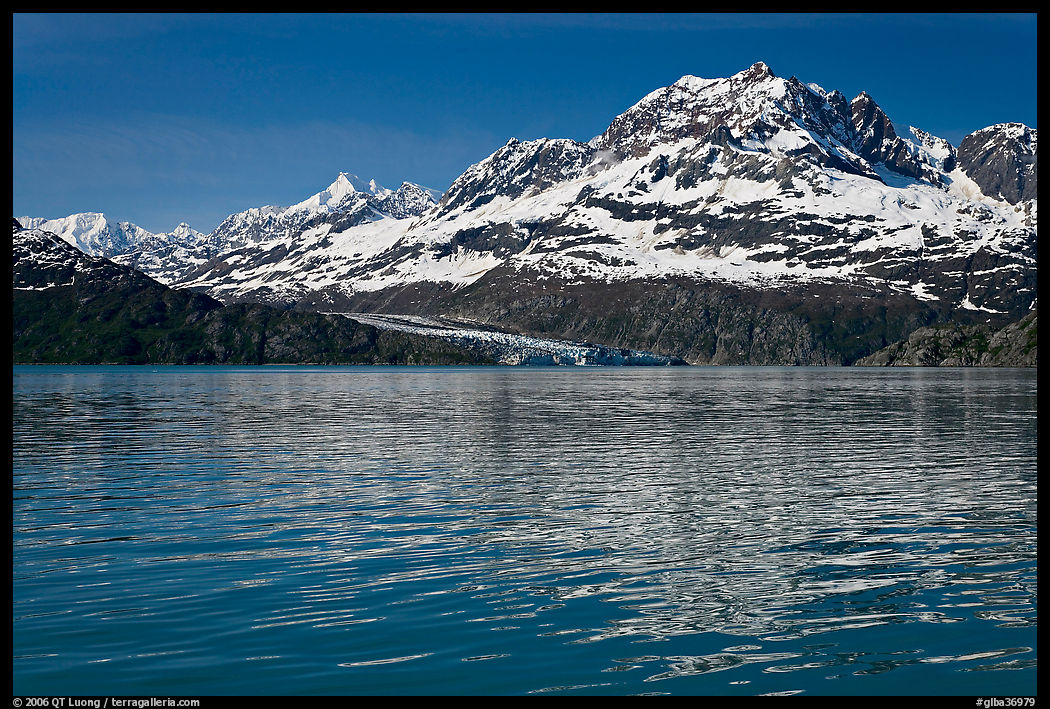 Mount Cooper and Lamplugh Glacier, reflected in rippled waters of West Arm, morning. Glacier Bay National Park, Alaska, USA.
