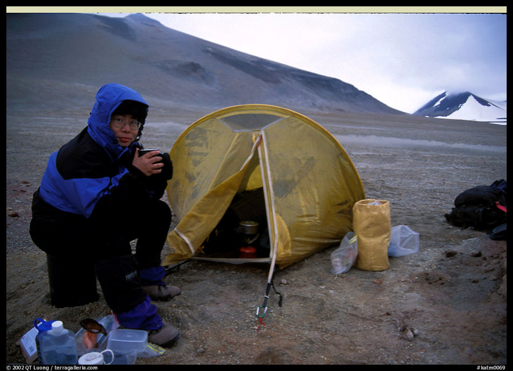 Camping on the bare terrain of the Valley of Ten Thousand smokes. Katmai National Park, Alaska