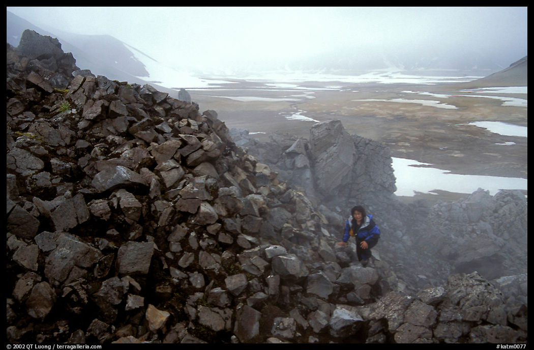 Climbing into the Novaropta crater, where fumeroles are still present, Valley of Ten Thousand smokes. Katmai National Park, Alaska