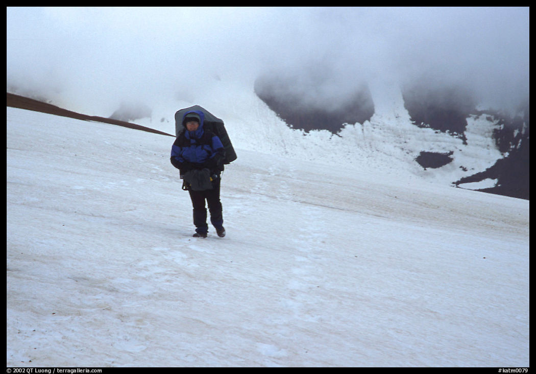 Hiking in a white-out, Valley of Ten Thousand smokes. Katmai National Park, Alaska