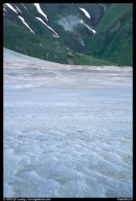 Ash formation on the floor of the Valley of Ten Thousand smokes, below the green hills. Katmai National Park, Alaska, USA.