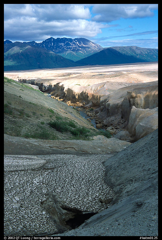 Snowfield and Lethe river, Valley of Ten Thousand smokes. Katmai National Park, Alaska, USA.