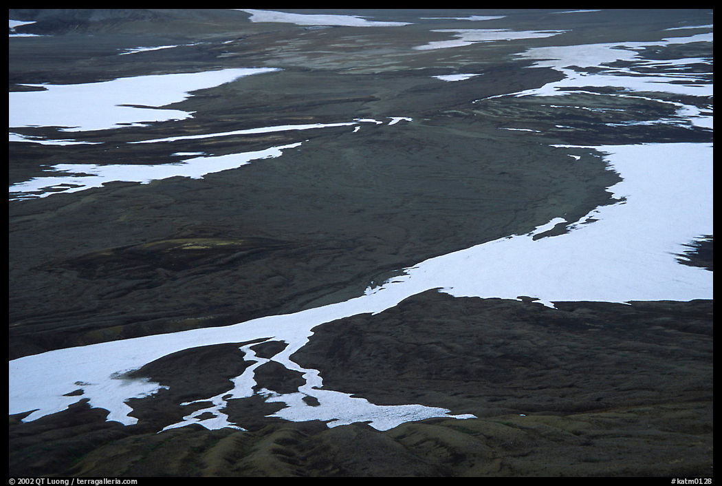 Patterns of melting snow, Valley of Ten Thousand smokes. Katmai National Park, Alaska, USA.