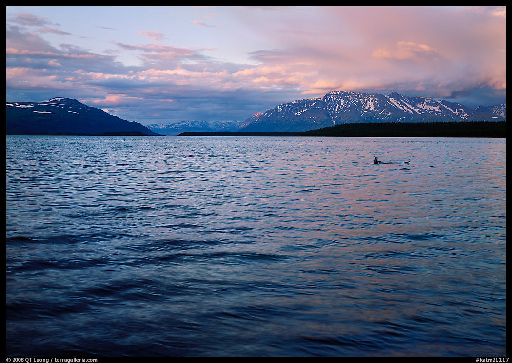 Naknek Lake at sunset with pink clouds. Katmai National Park