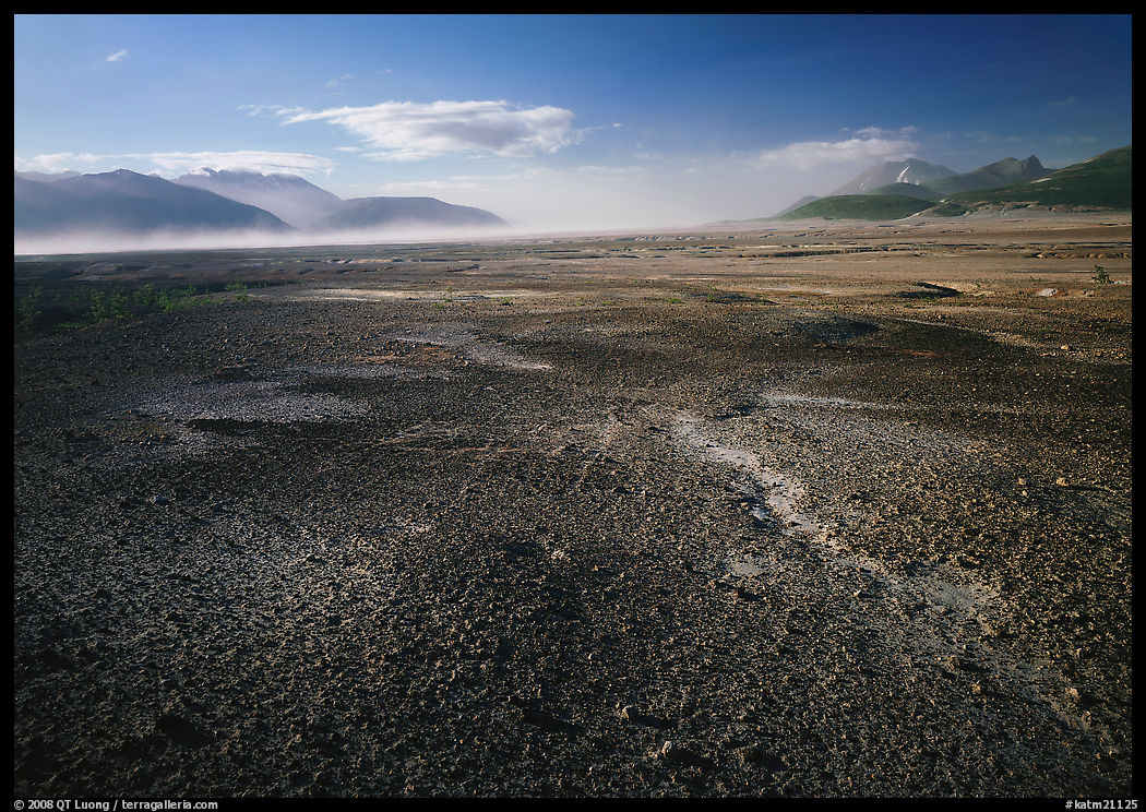 Ash-covered floor of the Valley of Ten Thousand Smokes, evening. Katmai National Park, Alaska, USA.