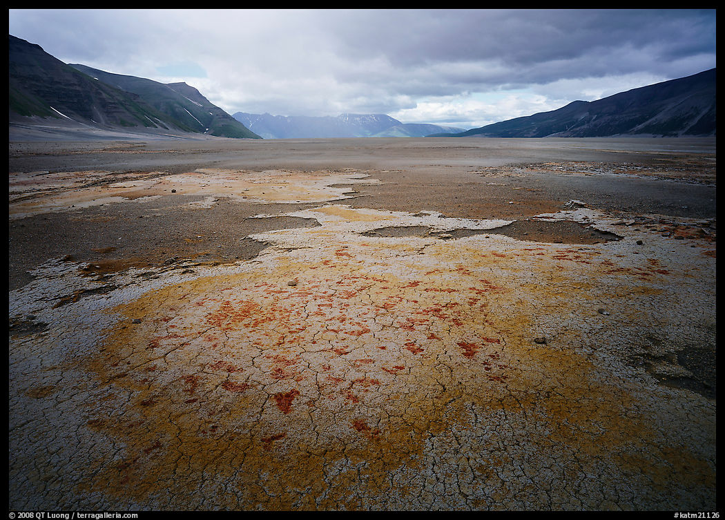 Brightly colored ash in wide plain, Valley of Ten Thousand smokes. Katmai National Park, Alaska, USA.