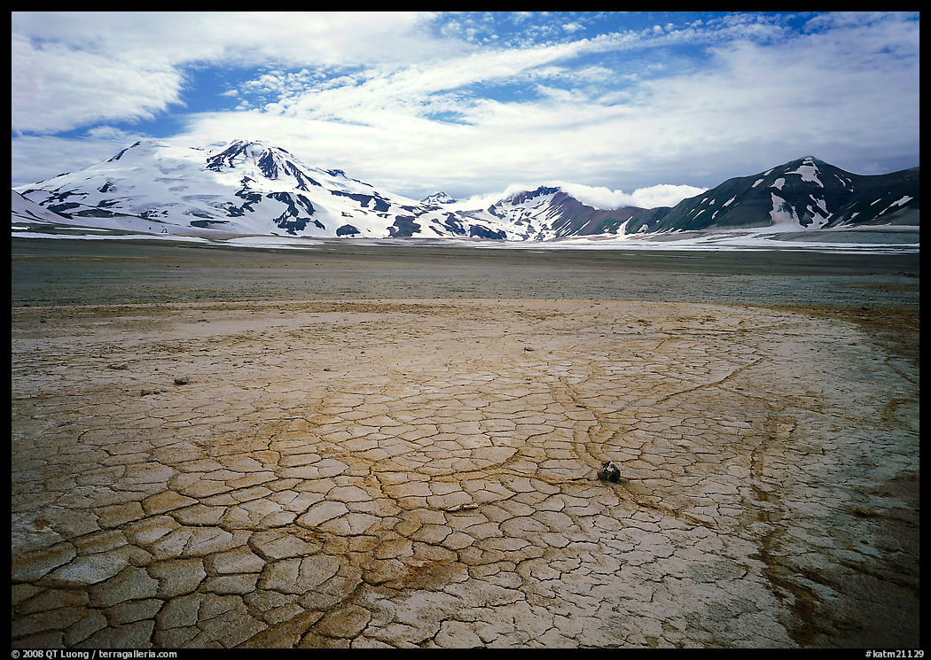 The desert-like floor of the Valley of Ten Thousand smokes is surrounded by snow-covered peaks such as Mt Meigeck. Katmai National Park