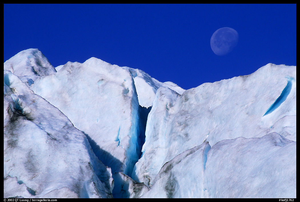 Seracs and moon, Exit Glacier. Kenai Fjords  National Park, Alaska, USA.