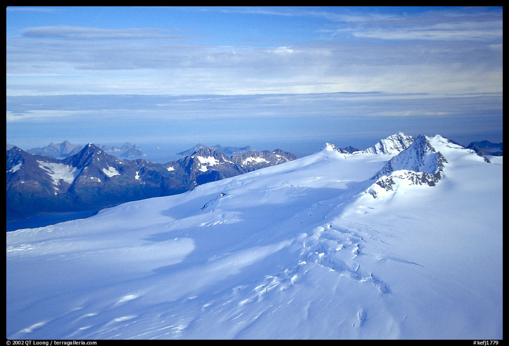 Aerial view of Harding icefield, fjords in the backgound. Kenai Fjords  National Park, Alaska, USA.