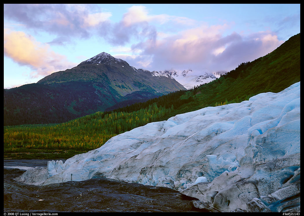 Exit Glacier and mountains at sunset. Kenai Fjords  National Park, Alaska, USA.