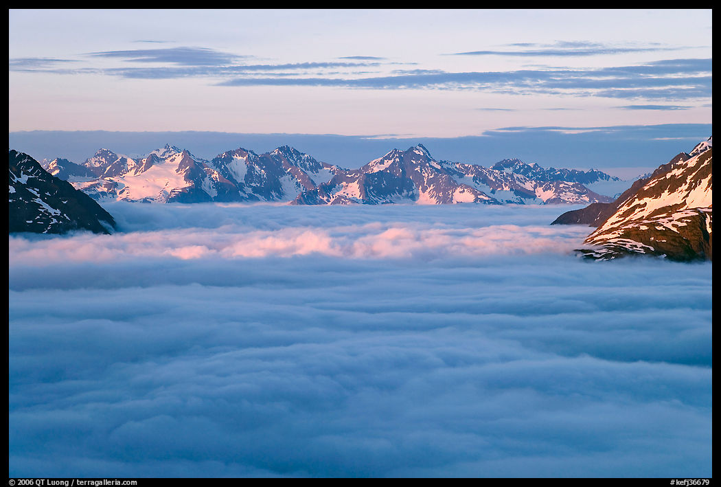 Resurrection Mountains emerging from clouds at sunset. Kenai Fjords  National Park, Alaska, USA.